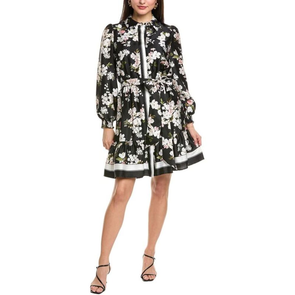 Anne Klein Womens Floral Print Long Sleeve Shirtdress 8 Anne Black/Multi - NWT